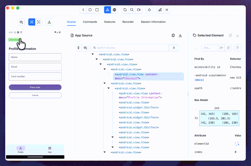 Appium Inspector on the Flutter form: the selected field has no id or label