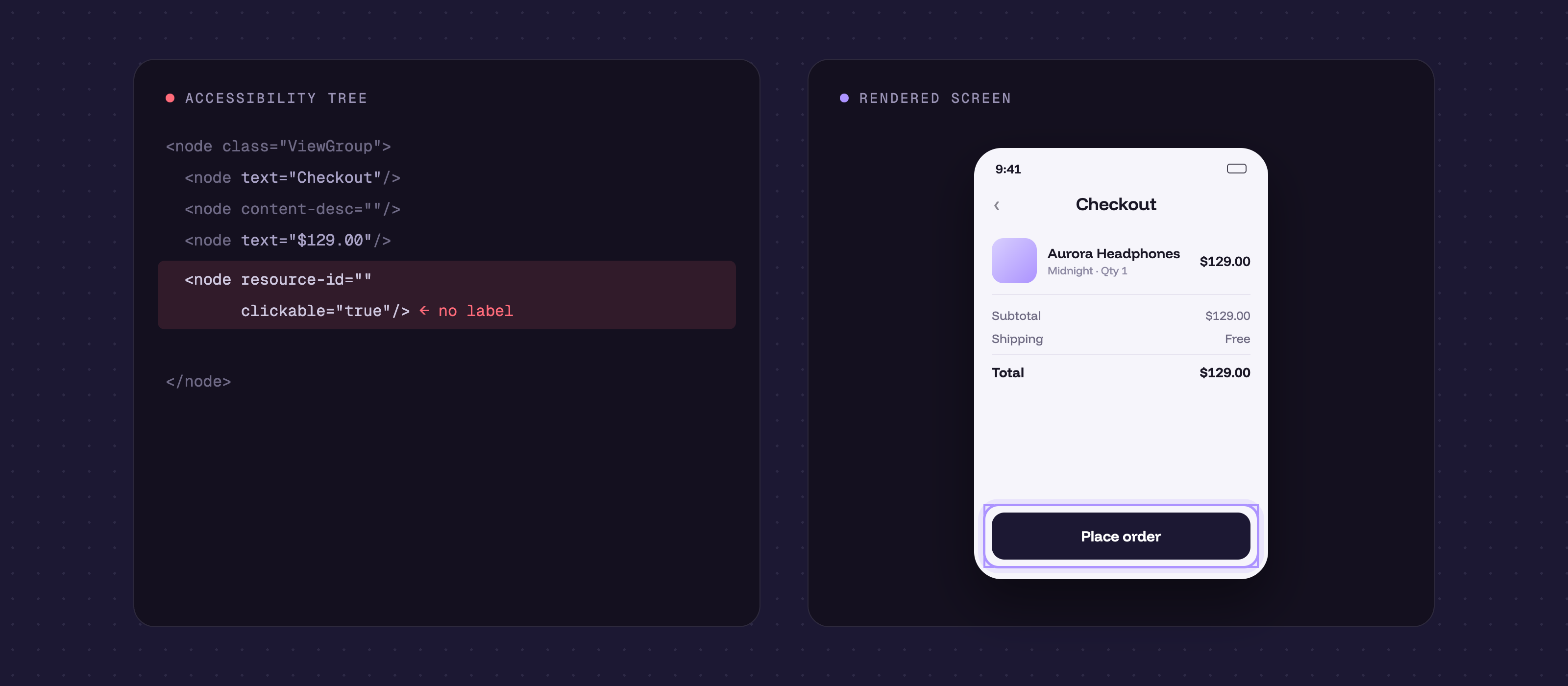 A selector reads the accessibility tree; the user reads the rendered screen